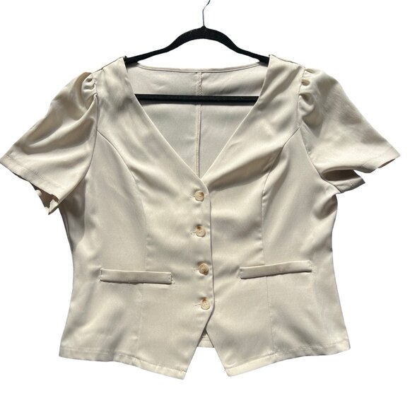 V-Neck Top Button down. Short Sleeve Beige XL Size 12 - Picture 4 of 7